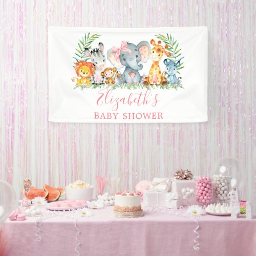 Watercolor Safari Animals Pink Bow Baby Shower Banner