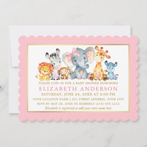 Watercolor Safari Animals Pink Bow Baby Shower Invitation