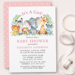 Watercolor Safari Animals Pink Dots Baby Shower Invitation