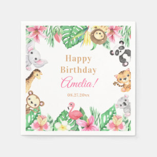 Watercolor Safari Animals Pink Floral Girl Napkins