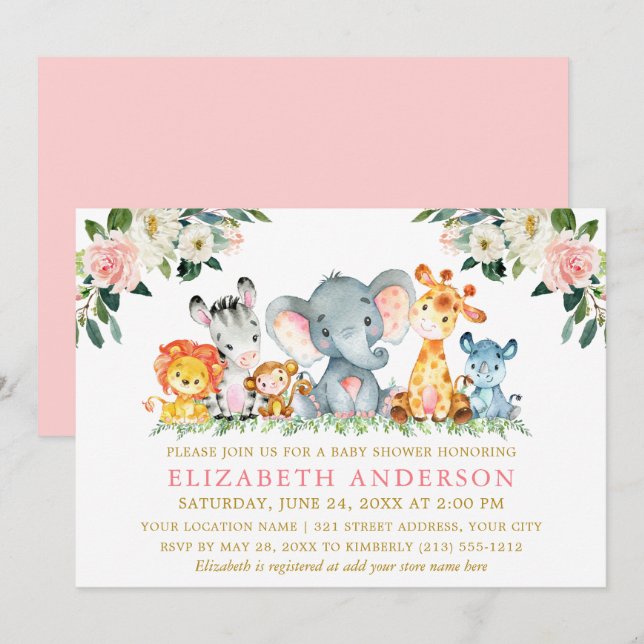 Watercolor Safari Animals Pink Floral Gold Shower Invitation (Front/Back)