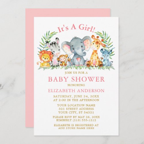 Watercolor Safari Animals Pink Gold Baby Shower Invitation
