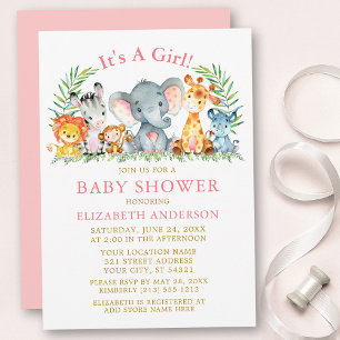 Watercolor Safari Animals Pink Gold Baby Shower Invitation