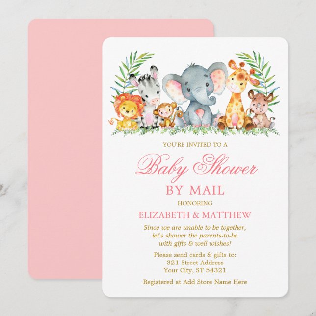 Watercolor Safari Animals Pink Gold Shower by Mail Invitation (Front/Back)