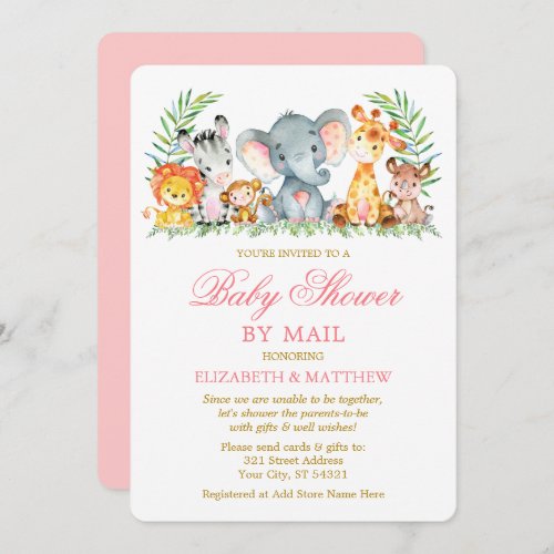 Watercolor Safari Animals Pink Gold Shower by Mail Invitation