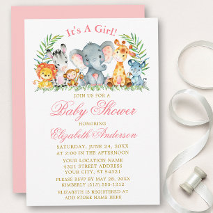Watercolor Safari Animals Pink Script Baby Shower Invitation