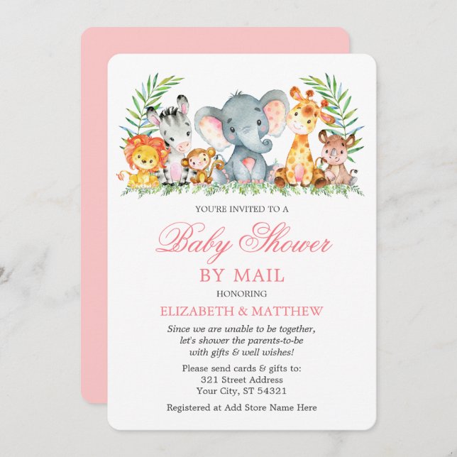 Watercolor Safari Animals Pink Shower by Mail Invitation (Front/Back)