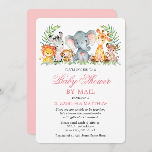 Watercolor Safari Animals Pink Shower by Mail Invitation