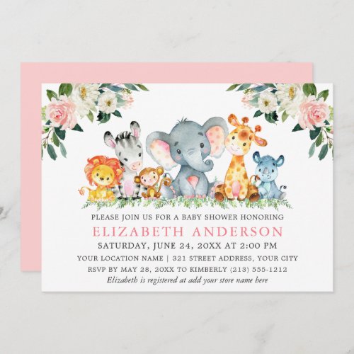 Watercolor Safari Animals Pink White Floral Shower Invitation