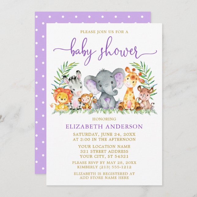 Watercolor Safari Animals Purple Baby Shower Gold Invitation (Front/Back)