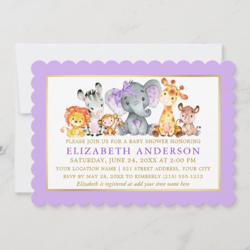 Watercolor Safari Animals Purple Bow Baby Shower Invitation