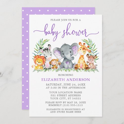 Watercolor Safari Animals Purple Shower Dots Invitation