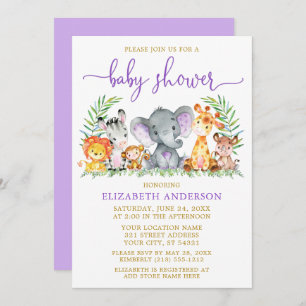 Watercolor Safari Animals Purple Shower Gold Invitation