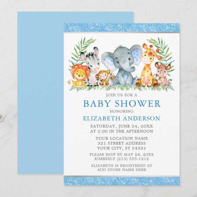 Watercolor Safari Animals Shower Blue Glitter Invitation (Front/Back)