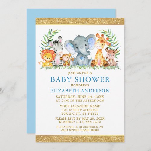 Watercolor Safari Animals Shower Blue Gold Glitter Invitation