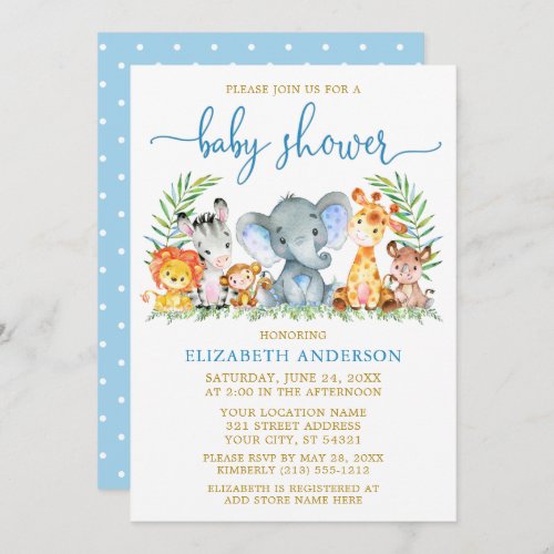 Watercolor Safari Animals Shower Blue Script Gold Invitation