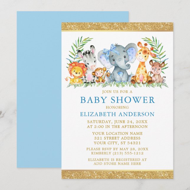 Watercolor Safari Animals Shower Glitter Blue Bow Invitation (Front/Back)