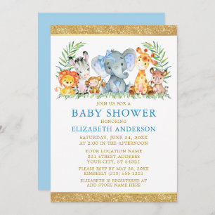 Watercolor Safari Animals Shower Glitter Blue Bow Invitation