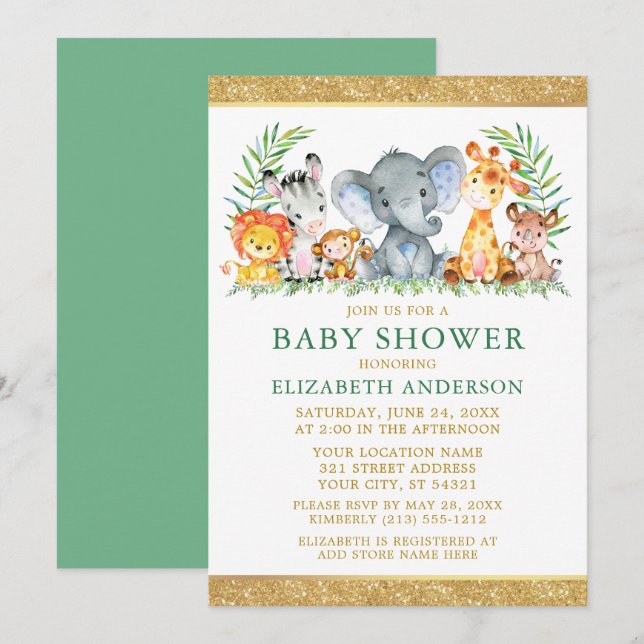 Watercolor Safari Animals Shower Glitter Green Invitation (Front/Back)