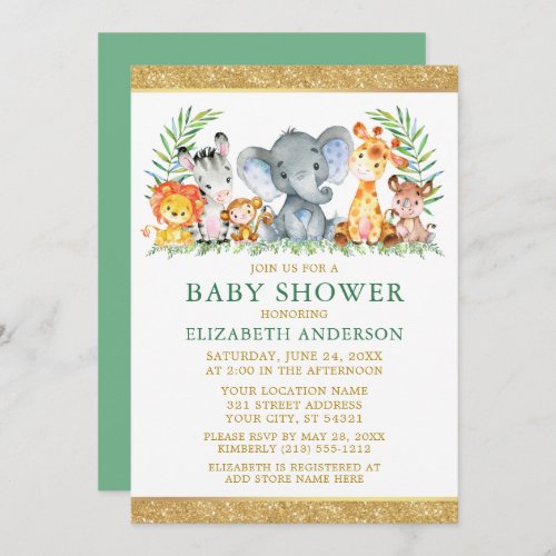 Watercolor Safari Animals Shower Glitter Green Invitation