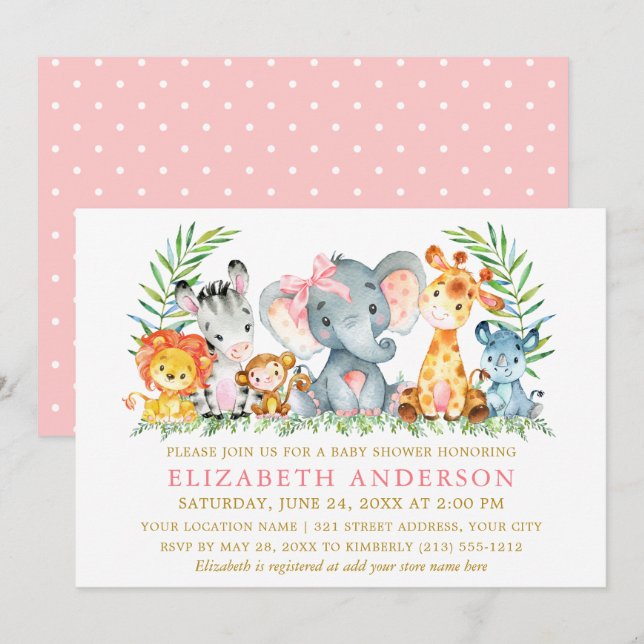 Watercolor Safari Animals Shower Pink Bow Dots Invitation (Front/Back)