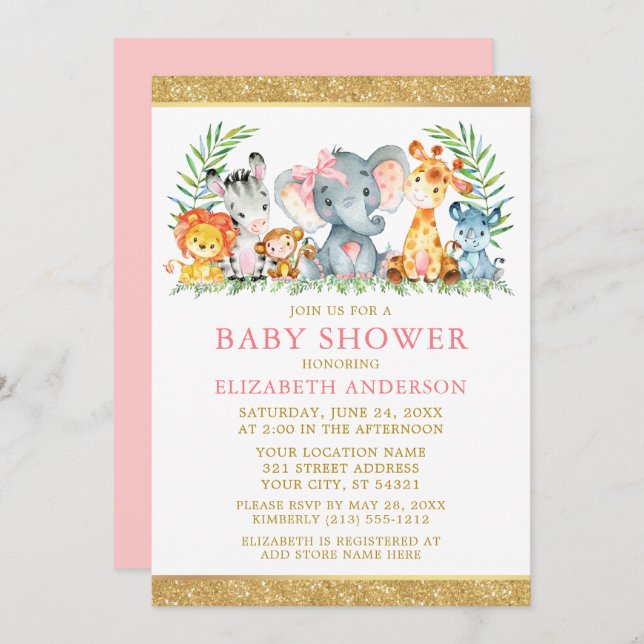 Watercolor Safari Animals Shower Pink Bow Glitter Invitation (Front/Back)