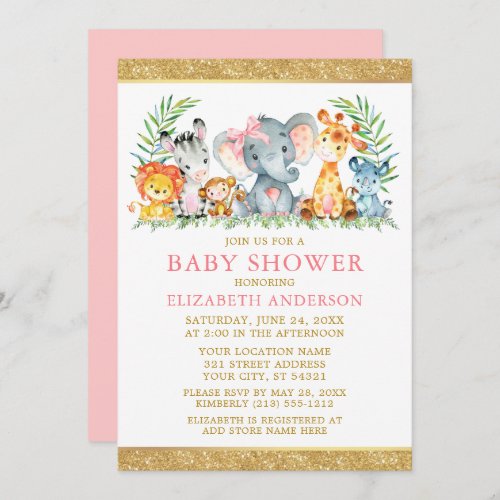 Watercolor Safari Animals Shower Pink Bow Glitter Invitation