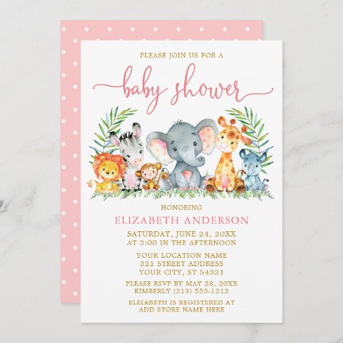 Watercolor Safari Animals Shower Pink Script Gold Invitation