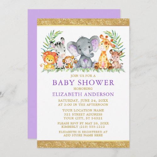 Watercolor Safari Animals Shower Violet Glitter Invitation