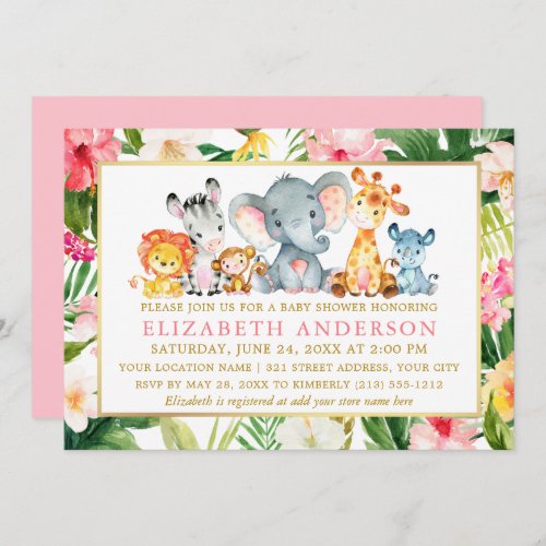 Watercolor Safari Animals Tropical Baby Shower Invitation