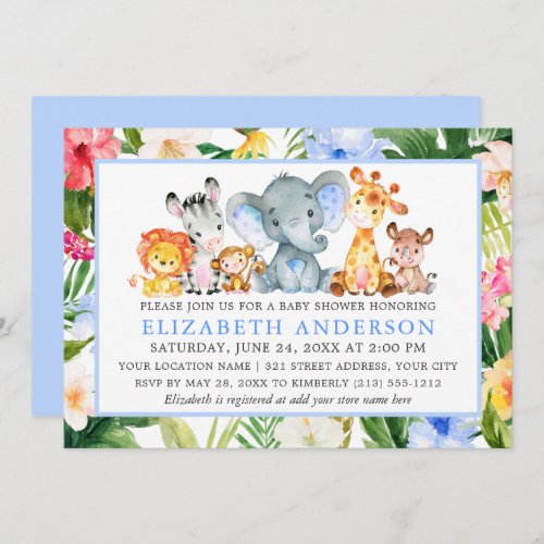 Watercolor Safari Animals Tropical Blue Shower Invitation