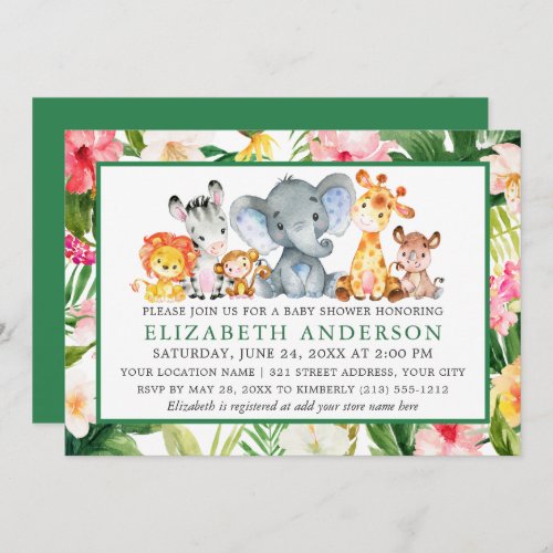 Watercolor Safari Animals Tropical Green Shower Invitation