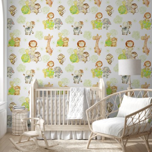 Watercolor Safari Animals Tropical Leaves Nursery  Wallpaper