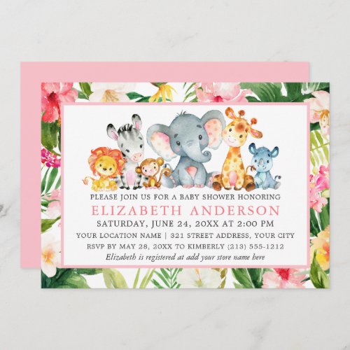 Watercolor Safari Animals Tropical Pink Shower Invitation