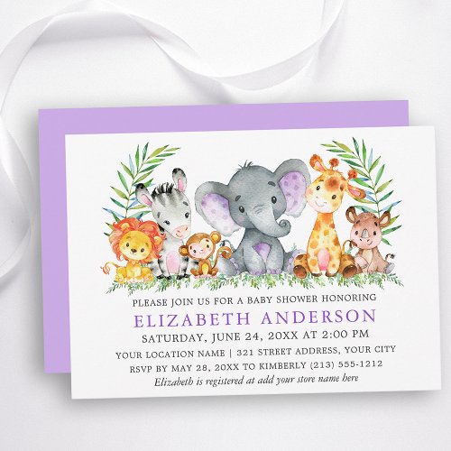 Watercolor Safari Animals Violet Baby Shower Invitation