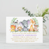 Watercolor Safari Animals Violet Gold Baby Shower Invitation (Standing Front)