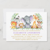 Watercolor Safari Animals Violet Gold Baby Shower Invitation (Front)