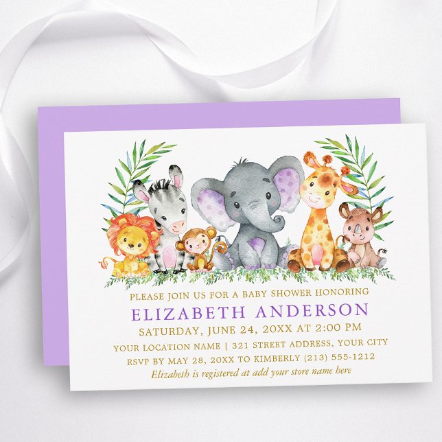 Watercolor Safari Animals Violet Gold Baby Shower Invitation (Customize to change text color, size, text style or change color of back of card.)