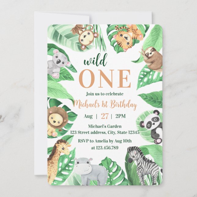 Watercolor Safari Animals Wild One 1st Birthday Invitation (Front)