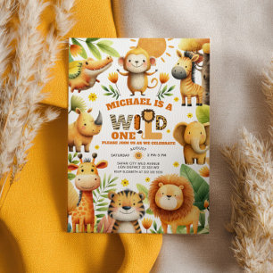 Watercolor Safari Animals WILD ONE 1st Birthday Invitation