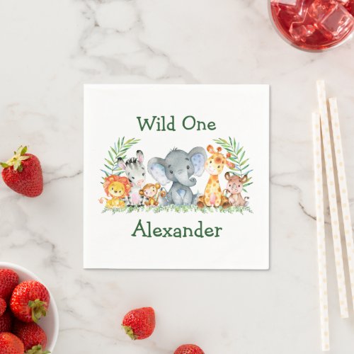 Watercolor Safari Animals Wild One 1st Birthday Napkins