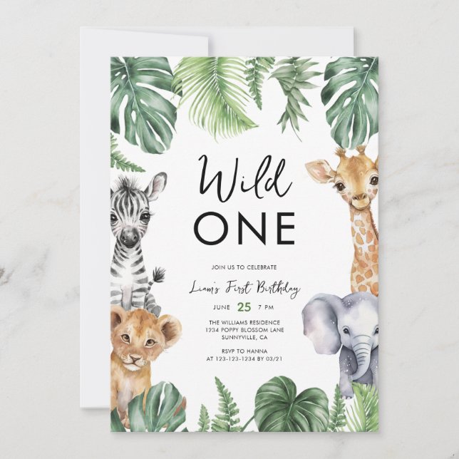 Watercolor Safari Animals Wild One Birthday Invitation (Front)