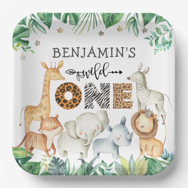 Watercolor Safari Animals Wild One Birthday Paper  Paper Plates (Front)