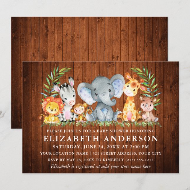 Watercolor Safari Animals Wood Baby Shower Invitation (Front/Back)
