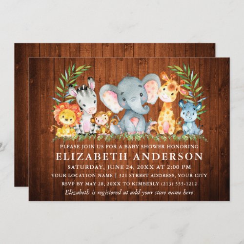 Watercolor Safari Animals Wood Girl Baby Shower Invitation