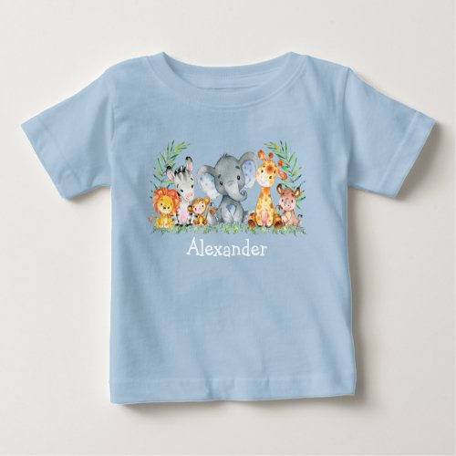 Watercolor Safari Baby Animals Blue Baby T_Shirt