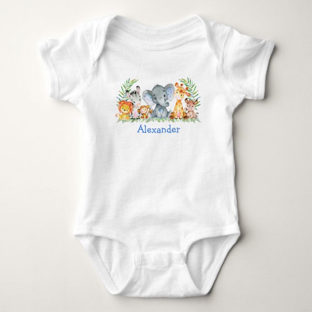 Watercolor Safari Baby Animals Blue Elephant Baby Bodysuit (Front)
