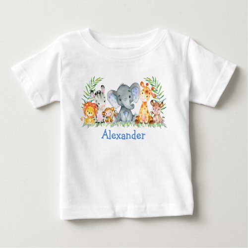 Watercolor Safari Baby Animals Blue Elephant Baby T_Shirt