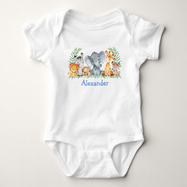 Watercolor Safari Baby Animals Blue Elephant Bodysuit (Front)