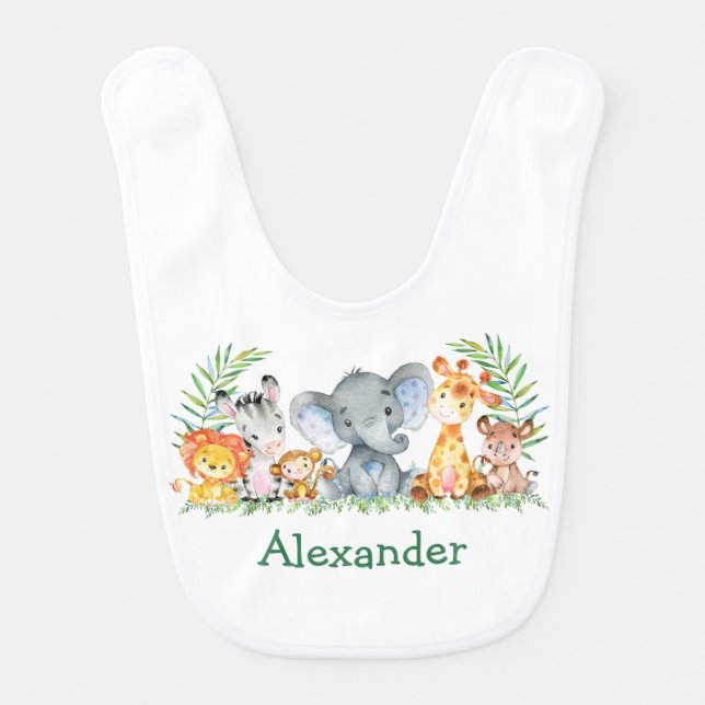 Watercolor Safari Baby Animals Green Baby Bib (Front)